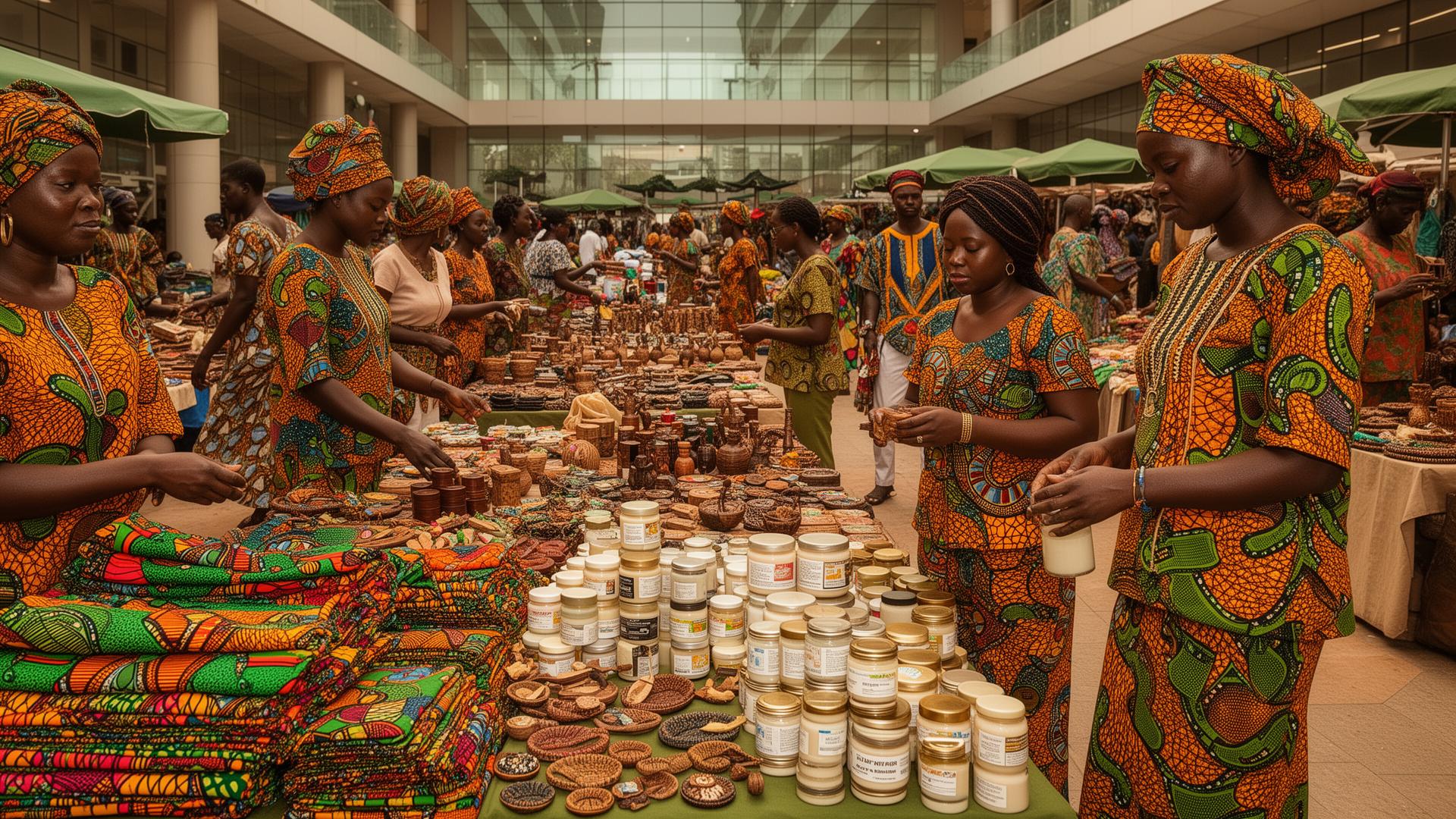 Nigerian marketplace with Nigerian and Ghanaian vendors and customers